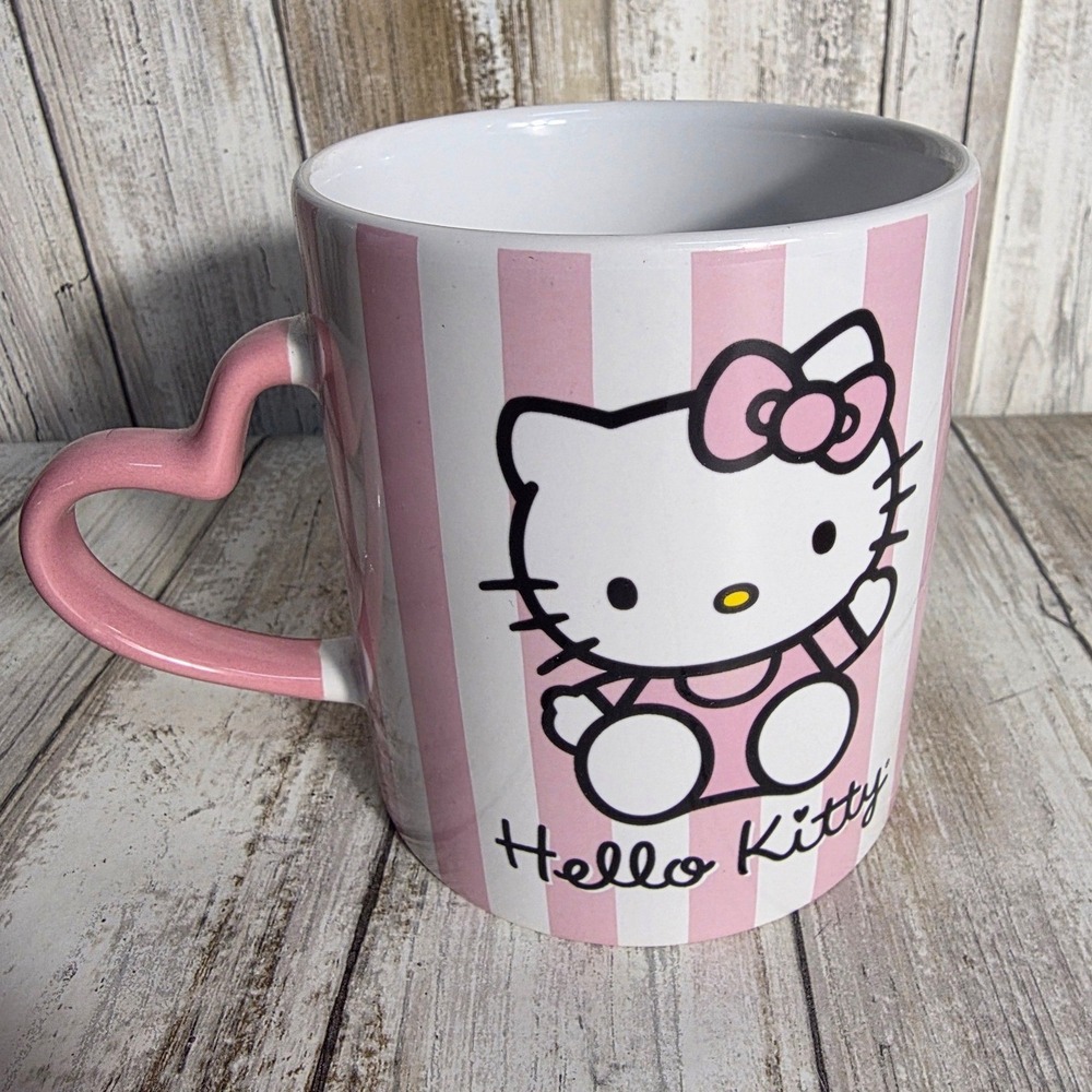 Sanrio Hello Kitty Pink Striped Ceramic Mug Heart Handle 20oz Silver Buffalo